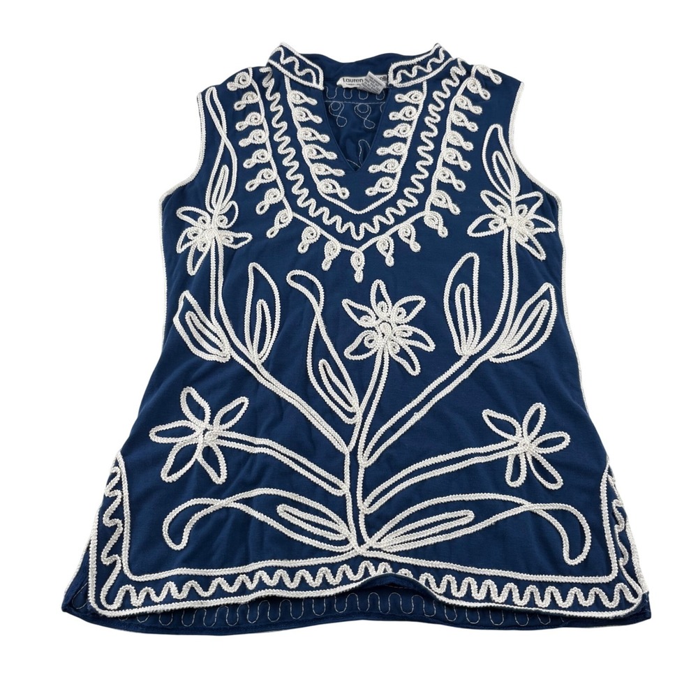 Lauren Michelle Navy Blue Embroidered‎ Floral Tunic Top Size Medium